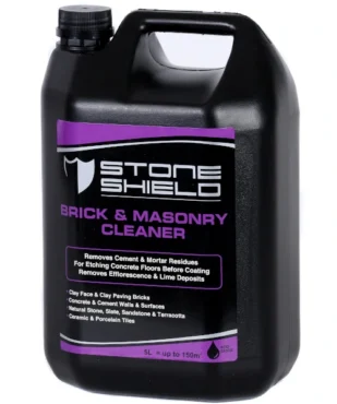 A-5-liter-black-plastic-container-of-Stoneshield-Brick-and-Masonry-Cleaner-with-a-purple-and-black-label-The-label-indicates-that-the-cleaner-removes-cement-and-mortar-residues-etches-concrete-floors-before-coating-and-removes-efflorescence-and-lime-deposits-It-is-suitable-for-use-on-clay-bricks-concrete-natural-stone-slate-sandstone-terracotta-ceramic-and-porcelain-tiles-The-product-is-acid-based